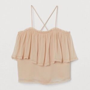 H&M Nude Pink Sleeveless Spaghetti Strap Feminine Sheer Ruffle Cami Blouse Sz 14